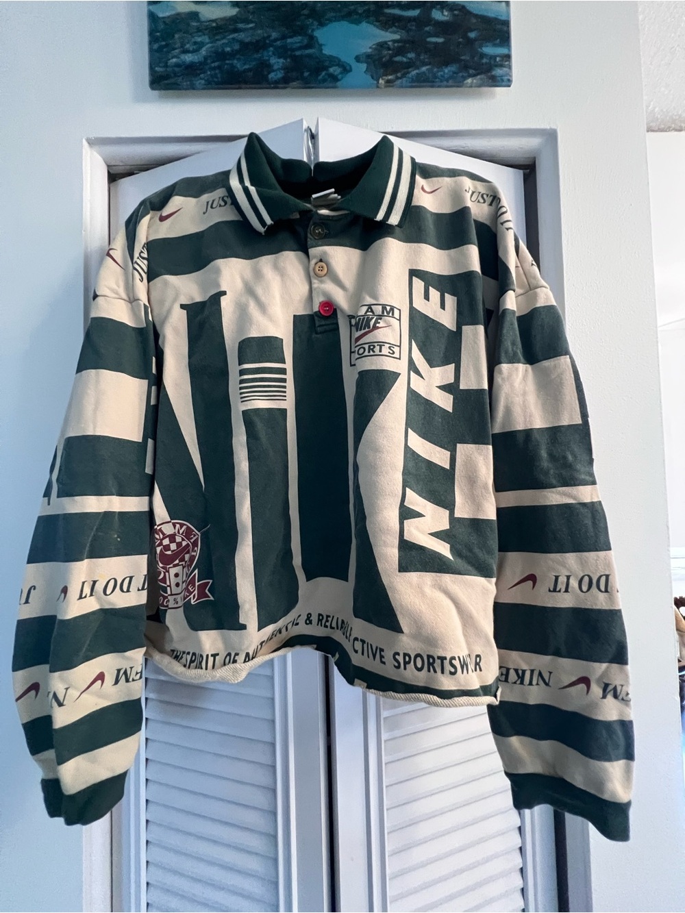 Nike Vintage Green & Cream Striped Rugby Polo